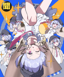  absurdres aiming aiming_at_viewer astral_party bonnie_(astral_party) dress hat highres long_sleeves looking_at_viewer multiple_persona necktie one_side_up open_mouth pink_eyes pink_necktie ptdn_en081 short_hair upside-down white_dress white_hair 