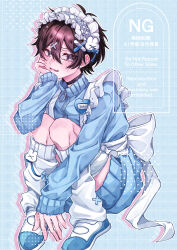  1boy absurdres black_choker black_eyes blue_jacket blue_shoes brown_hair choker crossdressing crossdressing_(mtf) embarrassed fang head_rest highres jacket jersey_maid leg_warmers long_sleeves maid male_focus male_maid multicolored_shoes noma_ebi open_mouth original shoes short_hair skin_fang squatting unconventional_maid white_headdress white_leg_warmers white_shoes 