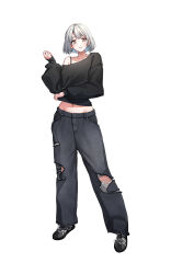  1girl absurdres black_shoes black_sweater bra_strap closed_mouth commentary crop_top cropped_sweater denim full_body grey_hair grey_pants groin hand_up highres jeans legs_apart long_sleeves looking_at_viewer midriff navel off-shoulder_sweater off_shoulder original pants puffy_long_sleeves puffy_sleeves shoes short_hair simple_background single_off_shoulder solo standing sweater thfktlfh456 torn_clothes torn_pants untranslatable_commentary white_background 