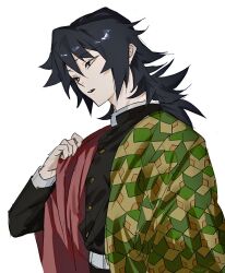  1boy belt black_hair black_jacket blue_eyes buttons commentary_request demon_slayer_uniform giyu_ice gold_buttons hair_between_eyes hand_up haori high_collar jacket japanese_clothes kikkoumon kimetsu_no_yaiba long_hair low_ponytail male_focus parted_lips ponytail print_haori red_haori simple_background solo spiky_hair teeth tomioka_giyuu upper_body upper_teeth_only white_background white_belt 