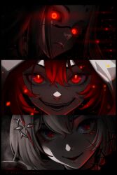  3girls android black_hair blonde_hair cloak evil_smile glowing glowing_eyes goddess_of_victory:_nikke hair_between_eyes hair_ornament highres hood hood_up hooded_cloak looking_at_viewer multiple_girls nihilister_(nikke) rapture_queen_(nikke) red_eyes red_hair red_ringo red_shoes_(nikke) skin_seams smile 