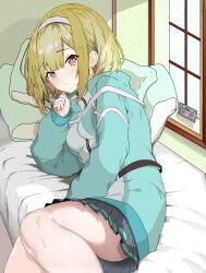  1girl alternate_hair_color aqua_jacket black_skirt blonde_hair blunt_bangs blush breasts bright_pupils clenched_hand commentary_request day feet_out_of_frame hair_between_eyes hairband hand_up head_on_pillow heaven_burns_red highres indoors jacket knees_together_feet_apart looking_at_viewer lying medium_breasts medium_hair miniskirt on_bed on_side ooshima_muua oyakodon451 parted_lips photo_(object) pillow pleated_skirt red_eyes sidelocks skirt sleeves_past_wrists solo thighs track_jacket upskirt white_hairband white_pupils zipper 