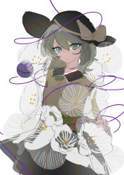  1girl absurdres black_hat bow chinese_commentary chunye_xiuluo closed_mouth collared_shirt commentary_request disembodied_linked_eye eyeball flower frilled_shirt_collar frilled_sleeves frills green_eyes green_hair green_skirt hat hat_bow highres komeiji_koishi long_sleeves looking_at_viewer shirt sketch skirt solo touhou unfinished wide_sleeves yellow_bow yellow_shirt 
