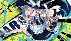  1girl apron black_shoes blonde_hair blue_bow blue_hat blue_skirt blue_vest bow braid character_name commentary frilled_skirt frills grin hair_bow hat hat_bow highres kirisame_marisa long_hair looking_at_viewer puffy_short_sleeves puffy_sleeves shoes short_sleeves side_braid single_braid skirt smile socks solo touhou vest waist_apron white_apron white_bow white_socks witch_hat wrist_cuffs yamanakaume yellow_eyes 