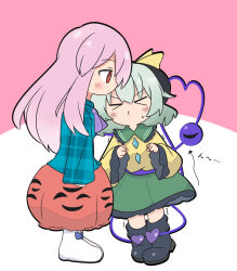  >_< 2girls arrow_(symbol) black_boots black_hat blue_shirt blush boots bow bowtie buttons collared_shirt commentary_request diamond_button disembodied_linked_eye expressionless eyeball frilled_shirt_collar frilled_sleeves frills green_eyes green_hair green_skirt hat hat_bow hata_no_kokoro heart heart_of_string height_difference highres imminent_kiss komeiji_koishi long_sleeves multiple_girls o3o orange_skirt pink_hair plaid_clothes plaid_shirt purabird0370 purple_bow purple_bowtie red_eyes shirt skirt skirt_cutout tiptoes touhou translation_request white_boots wide_sleeves yellow_bow yellow_shirt yuri 