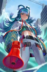  1girl absurdres blue_eyes blue_hair building city closed_mouth commentary crane_(machine) day from_below hechium highres holding holding_megaphone hololive hololive_indonesia jacket kobo_kanaeru kobo_kanaeru_(1st_costume) megaphone multicolored_hair navel outdoors pants solo two-tone_hair virtual_youtuber water white_hair white_jacket white_pants 