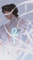  1boy abs ankh black_hair cape commentary crescent film_grain glowing glowing_eye grey_background heavy_film_grain hellfire_gala highres male_focus marc_spector marvel marvel_rivals mengxiaheqing moon_knight muscular muscular_male no_pupils official_alternate_costume plunging_neckline profile short_hair solo untranslatable_commentary upper_body white_background white_cape white_theme 