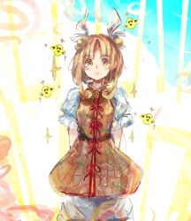 1girl :o armor armored_dress blonde_hair blush bow brown_dress commentary dress hair_bow hair_ribbon haniwa_(statue) highres joutouguu_mayumi parted_bangs puffy_short_sleeves puffy_sleeves red_ribbon ribbon short_hair short_sleeves smile solo sparkle standing touhou uwazumi white_bow white_ribbon yellow_eyes 