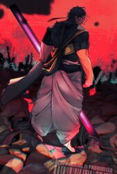  1boy absurdres baggy_pants battlefield commentary_request corpse duryodhana_(fate) en0hir0 fate/grand_order fate_(series) from_behind highres holding holding_weapon looking_back male_focus pants pile_of_corpses purple_hair red_background weapon 