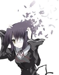  1girl black_jacket blunt_ends bob_cut buttons double-breasted ef_(visual_novel) eyepatch falling_feathers feathers hair_between_eyes hair_ornament hairclip hands_on_own_head hands_up highres jacket juliet_sleeves kasukasugom1 long_sleeves looking_ahead medical_eyepatch medium_hair neck_ribbon one_eye_covered parallel_hairclips parted_lips puffy_sleeves purple_hair red_ribbon ribbon sailor_collar school_uniform serafuku shindou_chihiro simple_background solo straight_hair upper_body white_background white_sailor_collar wide_sleeves yellow_eyes 