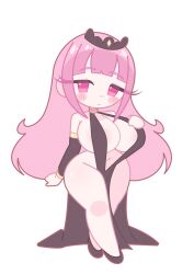  1girl absurdres black_crown black_dress black_shoes black_sleeves blunt_bangs blush_stickers breasts chibi chibi_only closed_mouth clothing_request commentary crown detached_sleeves dress full_body hand_on_own_chest highres hololive hololive_english large_breasts looking_at_viewer mori_calliope notnox pink_eyes pink_hair shoes simple_background solo standing white_background 