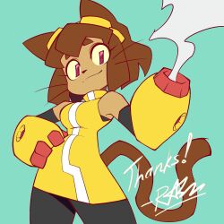  1girl animal_ears arm_cannon black_pants breasts brown_hair cat_ears cat_girl cat_tail commentary dress english_commentary furry furry_female gameoverse gauntlets goggles goggles_on_head highres kit_(gameoverse) pants red_eyes ryanarmoberly sleeveless tail toon_(style) weapon whiskers yellow_dress yellow_gauntlets 