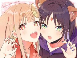  2girls animal_ears black_hair blonde_hair blue_hair blue_nails blush cheek-to-cheek cho_kaguya-hime! chunchun_pocket commentary_request crescent crescent_hair_ornament forehead_jewel fox_ears green_eyes hair_ornament heads_together kaguya_(cho_kaguya-hime!) looking_at_viewer lop_rabbit_ears multicolored_hair multiple_girls open_mouth rabbit_ears red_eyes red_nails sakayori_iroha twitter_username two-tone_hair 