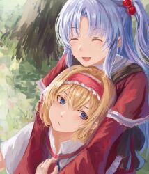  2girls alice_margatroid blonde_hair blue_eyes capelet closed_eyes closed_mouth commentary_request dress frilled_hairband frills grey_hair hair_between_eyes hair_bobbles hair_ornament hairband highres hug hug_from_behind kisuke1212 long_hair long_sleeves multiple_girls one_side_up open_mouth red_capelet red_dress red_hairband shinki_(touhou) smile touhou touhou_(pc-98) white_capelet 