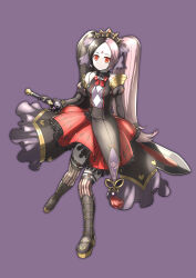  1girl absurdres bare_shoulders black_boots black_hair black_tiara boots breasts buttons chaos_dorloto_(grimms_notes) closed_mouth commentary_request doll_joints forehead_tattoo full_body grimms_notes highres holding holding_sword holding_weapon joints long_hair looking_at_viewer multicolored_hair pink_hair purple_background red_eyes red_skirt simple_background skirt solo spiked_tiara split-color_hair striped_clothes striped_thighhighs suzu_chun_chun sword tattoo thigh-highs tiara twintails vertical-striped_clothes vertical-striped_thighhighs weapon 