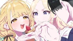  1boy 2girls :/ :d absurdres black_hair black_ribbon blonde_hair blush commentary_request facing_another feeding fujita_kotone gakuen_idolmaster hair_ribbon highres holding holding_spoon idolmaster juo_sena kasasagi_(futagodori888) looking_at_another multicolored_hair multiple_girls nervous_smile pink_streaks producer_(idolmaster) ribbon smile spoon staring streaked_hair sweatdrop v-shaped_eyebrows 