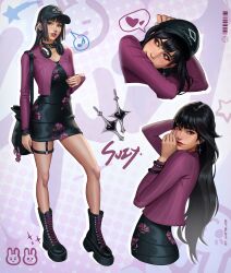  1girl absurdres artist_name bag barcode baseball_cap black_bag black_boots black_dress black_eyeliner black_eyes black_hair boots bracelet breasts cardigan choker close-up commentary dress earrings english_commentary eyelashes eyeliner eyeshadow floral_print floral_print_dress full_body hat headphones headphones_around_neck highres jewelry justb1aze lace-up_boots lipstick long_legs long_sleeves makeup mole mole_under_eye multicolored_hair multiple_bracelets multiple_views original pink_eyeshadow pink_lips platform_boots print_dress purple_cardigan purple_streaks rabbit short_dress shoulder_bag slim_legs small_breasts streaked_hair tight_clothes tight_dress 