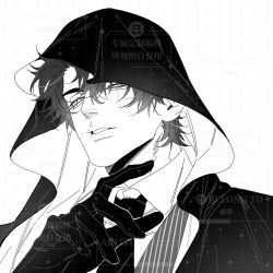  1boy artist_request cloak collared_shirt commentary_request commission from_below gloves greyscale hand_up head_tilt highres hood hood_up looking_at_viewer male_focus messy_hair monochrome necktie omniscient_reader's_viewpoint parted_lips scar scar_across_eye scar_on_face secretive_plotter shirt short_hair solo striped_clothes striped_vest upper_body vest yoo_joonghyuk 