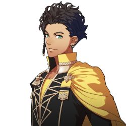  1boy artist_request braid brown_hair cape claude_von_riegan collarbone dark-skinned_male dark_skin earrings fire_emblem fire_emblem:_three_houses garreg_mach_monastery_uniform green_eyes highres jewelry looking_at_viewer male_focus official_art short_hair side_cape simple_background smile solo teeth transparent_background upper_body yellow_cape 