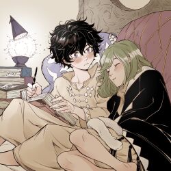  2girls agott_arklaum_(tongari_boushi_no_atelier) bed black_coat black_hair blush book coat coco_(tongari_boushi_no_atelier) creature curly_hair dress feet_out_of_frame gem_gemrine green_hair highres holding holding_book holding_pen lantern leaning leaning_on_person long_sleeves multiple_girls pen pillow short_hair sitting sleeping staring tongari_boushi_no_atelier tunic violet_eyes yuri 