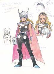  1girl armor black_hairband black_pants blonde_hair blue_eyes cape concept_art full_body grey_helmet gwen_stacy hair_pulled_back hairband hammer helmet highres holding holding_hammer holding_unworn_helmet holding_weapon long_hair marvel mjolnir_(marvel) official_alternate_costume official_art painting_(medium) pants peach_momoko pink_cape solo spider-man_(series) superhero_costume thor_(marvel) thor_(marvel)_(series) traditional_media translation_request two-sided_cape two-sided_fabric unworn_headwear unworn_helmet watercolor_(medium) weapon white_cape winged_helmet 