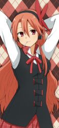  1girl akame_ga_kill! argyle_background arms_up candy chelsea_(akame_ga_kill!) closed_mouth commentary_request food food_in_mouth hairband headphones koroni_(nkrgs) lollipop lollipop_in_mouth long_hair looking_at_viewer red_eyes red_ribbon red_skirt ribbon shirt skirt solo very_long_hair white_shirt 