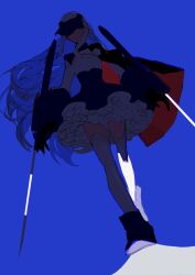  1girl absurdres armor blue_background cape eye_mask fate/grand_order fate_(series) full_body hair_between_eyes highres holding holding_sword holding_weapon long_hair looking_at_viewer mask melusine_(fate) qiminghaonan99820 shirt shoes simple_background skirt solo sword thigh-highs weapon white_hair yellow_eyes 