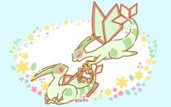  animal_focus artist_name asakoline blue_background bug dragonfly flower flygon head_wreath no_humans pokemon pokemon_(creature) pokemon_focus red_eyes smile wings 