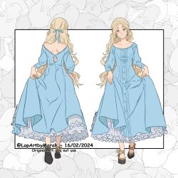  1girl absurdres alma_prisma_(lopartbymarah) black_shoes blonde_hair blue_dress blue_eyes blue_ribbon braid breasts buttons collarbone commission dated dress english_text frilled_skirt frills from_behind full_body gold_ribbon hair_ribbon half_up_braid highres holding_own_skirt light_smile long_hair looking_at_viewer lopartbymarah multiple_persona off-shoulder_dress off_shoulder original parted_bangs petticoat ribbon ribbon_shoes rwby shoes shoulder_blades signature skirt smile solo white_dress 