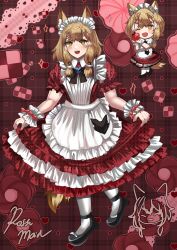  1girl :d animal_ear_fluff animal_ears apple apron arknights arknights:_endfield black_shoes blonde_hair blue_sealad brown_eyes chibi chibi_inset commentary dress english_commentary enmaided fang food frilled_apron frilled_dress frills fruit highres holding holding_food holding_fruit low-tied_sidelocks maid maid_headdress one_eye_closed open_mouth pantyhose puffy_short_sleeves puffy_sleeves red_dress red_wrist_cuffs rossi_(arknights) shoes short_sleeves sidelocks smile tail teeth upper_teeth_only white_apron white_pantyhose wolf_ears wolf_girl wolf_tail wrist_cuffs 