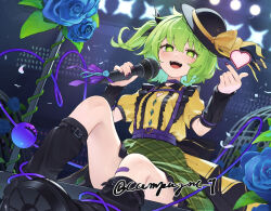  1girl :d adapted_costume arm_warmers bandaid bandaid_on_leg black_arm_warmers black_hat black_leg_warmers blue_flower blue_rose bow breasts commentary_request disembodied_linked_eye eyeball finger_heart flower green_eyes green_hair green_skirt hat hat_bow heart heart_of_string holding holding_microphone kanpa_(campagne_9) komeiji_koishi leg_warmers looking_at_viewer microphone open_mouth puffy_short_sleeves puffy_sleeves rose shirt short_sleeves sitting skirt small_breasts smile solo touhou touhou_hero_of_ice_fairy twitter_username yellow_bow yellow_shirt 