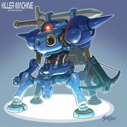  arm_cannon artist_name character_name commentary_request copyright_name crossbow dragon_quest glowing glowing_eye highres joints killing_machine_(dragon_quest) no_humans non-humanoid_robot one-eyed red_eyes redesign robot robot_joints shisui shoulder_spikes solo spikes standing sword weapon 