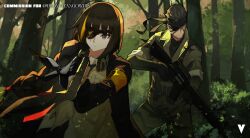  1boy 1girl absurdres assault_rifle bandana big_boss brown_hair camouflage eyepatch girls_frontline gun highres jungle m16a1_(girls'_frontline) metal_gear_(series) naked_snake nature rifle scar scar_on_face short_hair variasii weapon 