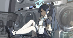  1girl absurdres apron aqua_halo aris_(blue_archive) aris_(maid)_(blue_archive) black_dress black_hair blue_archive blue_eyes closed_mouth cxiiii dress frilled_apron frills halo highres indoors laundromat long_hair looking_at_viewer maid maid_apron maid_headdress official_alternate_costume pantyhose ponytail rectangular_halo sitting solo washing_machine white_apron white_pantyhose 