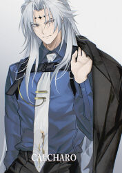  1boy absurdres alternate_costume black_jacket black_pants blue_shirt calcharo_(wuthering_waves) character_name closed_mouth collared_shirt grey_eyes grey_hair highres holding holding_unworn_clothes holding_unworn_jacket jacket long_hair long_sleeves looking_at_viewer male_focus minglu_(gululu) necktie pants shirt solo tacet_mark_(wuthering_waves) unworn_jacket upper_body white_necktie wuthering_waves 