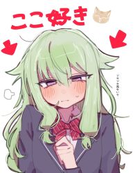  1girl arrow_(symbol) blazer blush bow bowtie clenched_hand closed_mouth collared_shirt commentary diagonal-striped_bow diagonal-striped_bowtie diagonal-striped_clothes green_hair hair_between_eyes hair_flaps half-closed_eyes hand_up highres jacket kamiyama_high_school_uniform_(project_sekai) kusanagi_nene lapels long_hair long_sidelocks long_sleeves looking_at_viewer masimaro_fah86 notched_lapels project_sekai puff_of_air red_bow red_bowtie school_uniform shirt sidelocks simple_background solo straight-on striped_bow striped_bowtie striped_clothes sweatdrop translated upper_body violet_eyes white_background white_shirt wing_collar 