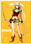  1girl arrow_(projectile) belt binding_discoloration blonde_hair blue_eyes boots bow_(weapon) brown_footwear character_name choker elf elwing female full_body hairband head_wings highres holding holding_arrow holding_bow_(weapon) holding_weapon juliet_sleeves long_hair long_sleeves miniskirt navel pointy_ears profile_page puffy_long_sleeves puffy_sleeves shining_tears shining_wind skirt smile solo standing thigh_strap tony_taka white_hairband winged_hairband 