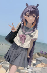  1girl absurdres bag blue_sailor_collar blue_skirt blue_sky bow closed_mouth day ghost_toastx gradient_hair highres hololive hololive_english looking_at_viewer mole mole_under_eye multicolored_hair ninomae_ina'nis ocean orange_hair outdoors pleated_skirt pointy_ears purple_bow purple_hair sailor_collar school_bag school_uniform serafuku shirt skirt sky smile takodachi_(ninomae_ina'nis) tentacle_hair v violet_eyes virtual_youtuber white_shirt 