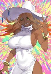  1girl armpits bare_hips bare_shoulders blonde_hair bracelet breasts commentary_request dark-skinned_female dark_skin dress earrings gold_bracelet green_eyes grin hat highres jewelry large_breasts multicolored_hair orange_streaks original side_slit sideboob sleeveless smile streaked_hair sudeni_sokurou turtleneck white_dress white_hat witch witch_hat 