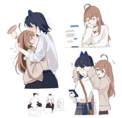  3girls ahoge bag black_skirt blue_hair blush brown_eyes brown_hair computer covering_another's_eyes emimhok gigi_murin hair_intakes hand_on_own_face highres holding holding_phone holocouncil hololive hololive_english holopromise hug laptop long_hair multiple_girls multiple_views nanashi_mumei nanashi_mumei_(casual) ouro_kronii paddle phone shirt short_hair shorts shoulder_bag skirt table_tennis_paddle virtual_youtuber white_background white_shirt yuri 