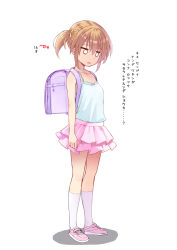  1girl backpack bag brown_hair camisole commentary_request empty_eyes full_body highres kneehighs layered_skirt long_hair miniskirt original pink_shoes pink_skirt randoseru shoes skirt socks solo standing tenjou_ryuka thighs translation_request twintails white_camisole white_eyes white_socks 