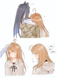  2girls ahoge between_breasts blue_hair blush breasts brown_hair coat emimhok face_between_breasts hair_intakes hand_on_another's_head head_between_breasts highres holocouncil hololive hololive_english holopromise hood hoodie korean_commentary multiple_girls multiple_views nanashi_mumei nanashi_mumei_(casual) ouro_kronii ouro_kronii_(casual) red_shirt shirt single_hair_streak speech_bubble virtual_youtuber white_background white_shirt yuri 
