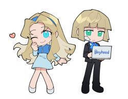  1boy 1girl ;) bandaid bandaid_on_cheek bandaid_on_face black_jacket black_pants blonde_hair blue_dress blue_eyes blue_ribbon blunt_bangs blunt_ends closed_mouth color_connection computer crossover deformed dress frown full_body giovanni_stylus green_eyes hair_color_connection hand_up holding holding_laptop jacket laptop long_hair long_sleeves looking_at_viewer maria_robotnik neck_ribbon one_eye_closed pants parted_bangs ribbon rostina-pason school_uniform short_hair shounenki_no_owari simple_background smile sonic_(series) very_long_hair white_background 