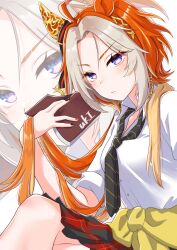  1girl ahoge animal_ears black_nails black_necktie blush book breasts cardigan cardigan_around_waist closed_mouth clothes_around_waist collared_shirt commentary_request ear_covers highres holding holding_book horse_ears horse_girl long_hair looking_at_viewer multicolored_hair necktie neru_ika orange_hair orfevre_(umamusume) plaid_clothes plaid_skirt red_nails school_uniform shirt single_ear_cover skirt two-tone_hair umamusume violet_eyes white_hair white_shirt yellow_cardigan zoom_layer 