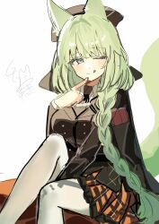  1girl :q ;q absurdres animal_ears arknights black_jacket black_vest blush braid cat_ears cat_girl cat_tail feet_out_of_frame finger_to_own_chin green_eyes green_hair harmonie_(arknights) harmonie_(invitation)_(arknights) highres jacket licking_lips long_hair nishimiya_aki official_alternate_costume one-hour_drawing_challenge one_eye_closed open_clothes open_jacket pantyhose simple_background sitting solo split_mouth tail tongue tongue_out very_long_hair vest white_background white_pantyhose 