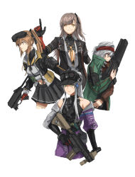  1010kman 404_(girls'_frontline) 4girls absurdres assault_rifle bandana baseball_cap brown_hair g11_(girls'_frontline) girls'_frontline_2:_exilium girls_frontline goggles goggles_on_head goggles_on_headwear grey_hair gun h&amp;k_g11 h&amp;k_hk416 h&amp;k_ump hat highres hk416_(girls'_frontline) holding holding_gun holding_weapon index_finger_raised klukai_(girls'_frontline_2) lenna_(girls'_frontline_2) leva_(girls'_frontline_2) mechty_(girls'_frontline_2) multiple_girls red_bandana rifle submachine_gun ump45_(girls'_frontline) ump9_(girls'_frontline) weapon white_background 