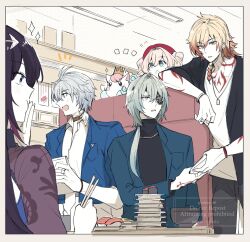  2girls 3boys alcohol alternate_costume anaxa_(honkai:_star_rail) animal_ears antenna_hair aqua_eyes bag black_hair black_jacket black_sweater blonde_hair blue_eyes blue_jacket blush blush_stickers body_markings border bottle braid breast_pocket bright_pupils brown_choker brown_shrug cafe chair choker chopsticks closed_mouth collared_shirt colored_inner_hair commentary_request cowboy_shot crossed_bangs crown crystal_earrings earrings eating eyepatch fingernails fish_(food) flying_sweatdrops food gem gold_earrings gold_necklace gold_ring gradient_hair green_hair grey_hair grey_pants hair_between_eyes hair_ornament hair_tubes hand_on_own_face hand_up hat holding holding_chopsticks honkai:_star_rail honkai_(series) horse_ears hyacine_(honkai:_star_rail) hysilens_(honkai:_star_rail) indoors jacket jewelry lapels little_ica_(honkai:_star_rail) long_hair long_sleeves looking_at_another looking_down looking_to_the_side looking_up low_ponytail medium_hair multicolored_eyes multicolored_hair multiple_boys multiple_girls multiple_rings mydei_(honkai:_star_rail) neck_tattoo necklace nigirizushi notice_lines on_chair open_clothes open_jacket open_mouth orange_eyes pale_skin pants paper_bag pegasus phainon_(honkai:_star_rail) pink_hair plate pocket pom_pom_(clothes) pom_pom_hair_ornament ponytail purple_hair red_gem red_hair red_hat ring sake sake_bottle sekken88 shirt short_hair shrug_(clothing) side_braid single_braid single_hair_tube sitting smile sparkle standing sun_symbol sun_tattoo sushi sweater t-shirt table tattoo turtleneck turtleneck_sweater twintails two-tone_hair violet_eyes watermark white_border white_horse white_pupils white_shirt wristband 