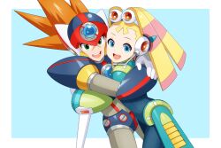  1boy 1girl absurdres armor axl_(mega_man) black_armor blonde_hair blue_background blue_eyes bodysuit border brown_hair chest_jewel cowboy_shot forehead_jewel green_eyes helmet highres hug jwc_vevo mega_man_(series) mega_man_x_(series) pallette_(mega_man) red_helmet simple_background spiky_hair white_border 