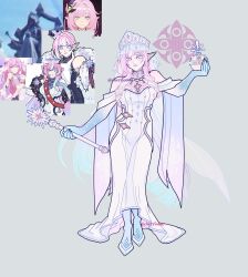  1girl absurdres blue_eyes blue_hands breasts cherrionse commentary cosplay cryo_symbol_(genshin_impact) design_speculation dress elysia_(herrscher_of_human:_ego)_(honkai_impact) elysia_(honkai_impact) elysia_(miss_pink_elf)_(honkai_impact) english_commentary genshin_impact grey_background highres holding holding_mace holding_weapon honkai_(series) honkai_impact_3rd jewelry large_breasts long_hair looking_at_viewer mace mihoyo necklace pearl_necklace pink_hair pointy_ears simple_background solo tsaritsa_(genshin_impact) tsaritsa_(genshin_impact)_(cosplay) twitter_username veil very_long_hair weapon white_dress white_veil 