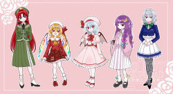  5girls :d alternate_costume arms_behind_back bat_wings beret black_shoes blonde_hair blue_hair book bow bowtie braid collared_shirt commentary_request crescent crescent_hair_ornament crystal crystal_wings flandre_scarlet frilled_shirt_collar frilled_skirt frills full_body green_bow green_bowtie green_hat green_skirt grey_hair hair_bow hair_ornament hairband hat hat_ornament high_heels highres holding holding_book hong_meiling inset_border izayoi_sakuya jacket katsuragi_atori long_hair long_sleeves looking_at_viewer multicolored_wings multiple_girls one_side_up open_mouth own_hands_together patchouli_knowledge pink_background pink_bow pink_hat pink_jacket pink_shoes pink_skirt plaid_clothes plaid_skirt pleated_skirt red_bow red_bowtie red_eyes red_hair red_shoes red_skirt remilia_scarlet shirt shoes siblings sisters skirt smile socks star_(symbol) star_hat_ornament touhou twin_braids very_long_hair watermark white_hairband white_hat white_shirt white_skirt white_socks wings 